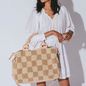 Cleobella Beige Checkered Weekender Travel Bag